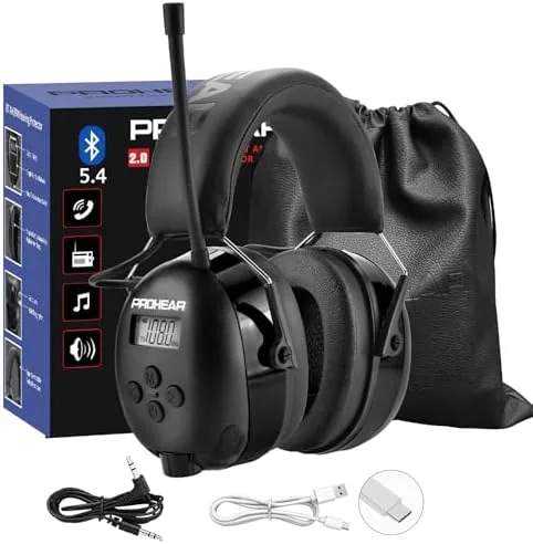 prohear 033 am fm bluetooth 54 radio headphones usb c rechargeable 1500mah battery radio headset hearing protection 31db snr 58hrs playtime ear protector for mowing lawn gifts for father